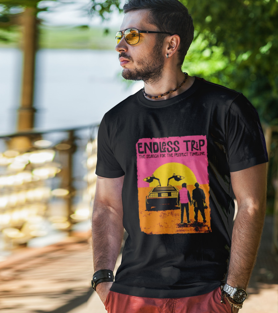 Endless Trip The Search For The Perfect Timeline Back To The Future Sunset Retro Car Journey T-Shirt