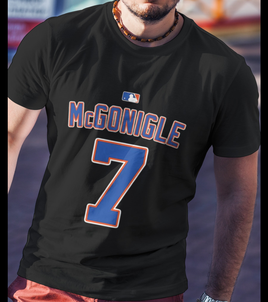 MLB McGonigle 7 Major League Baseball Logo Blue Red White T-Shirt