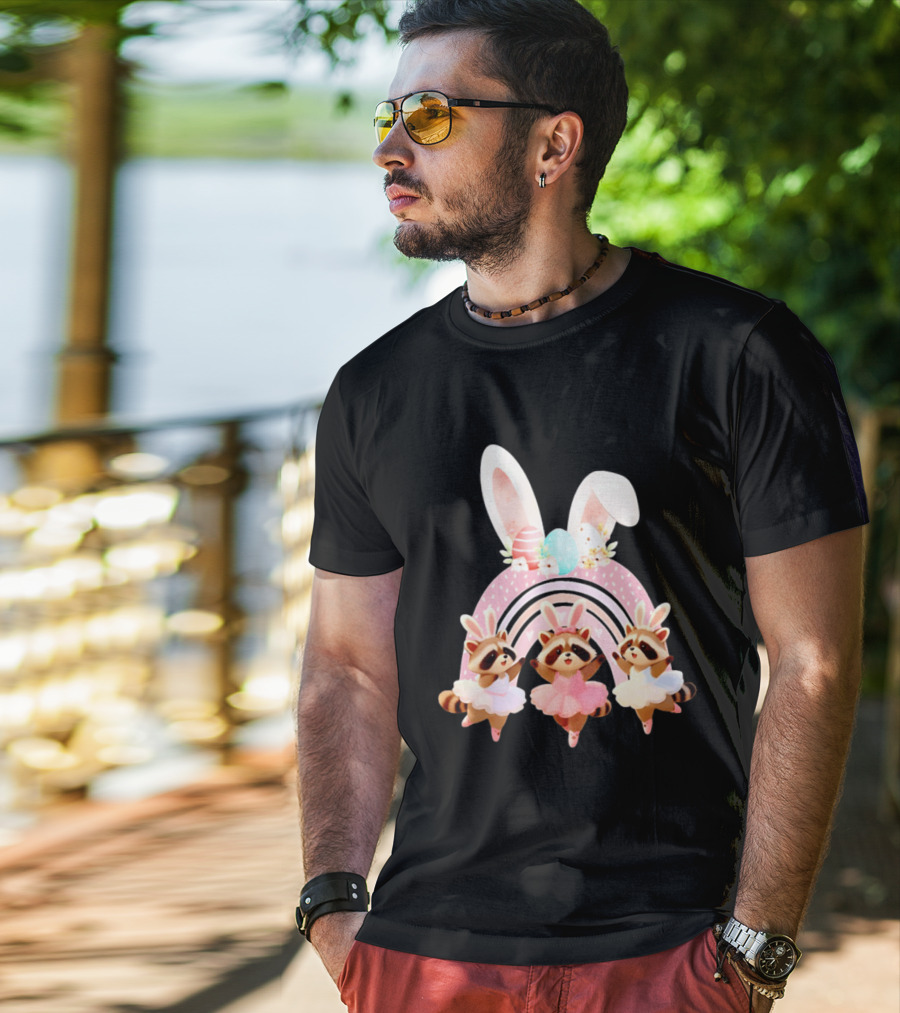 Ballet Dancer Ballerina Raccoons With Easter Bunny Ears And Eggs T-Shirt
