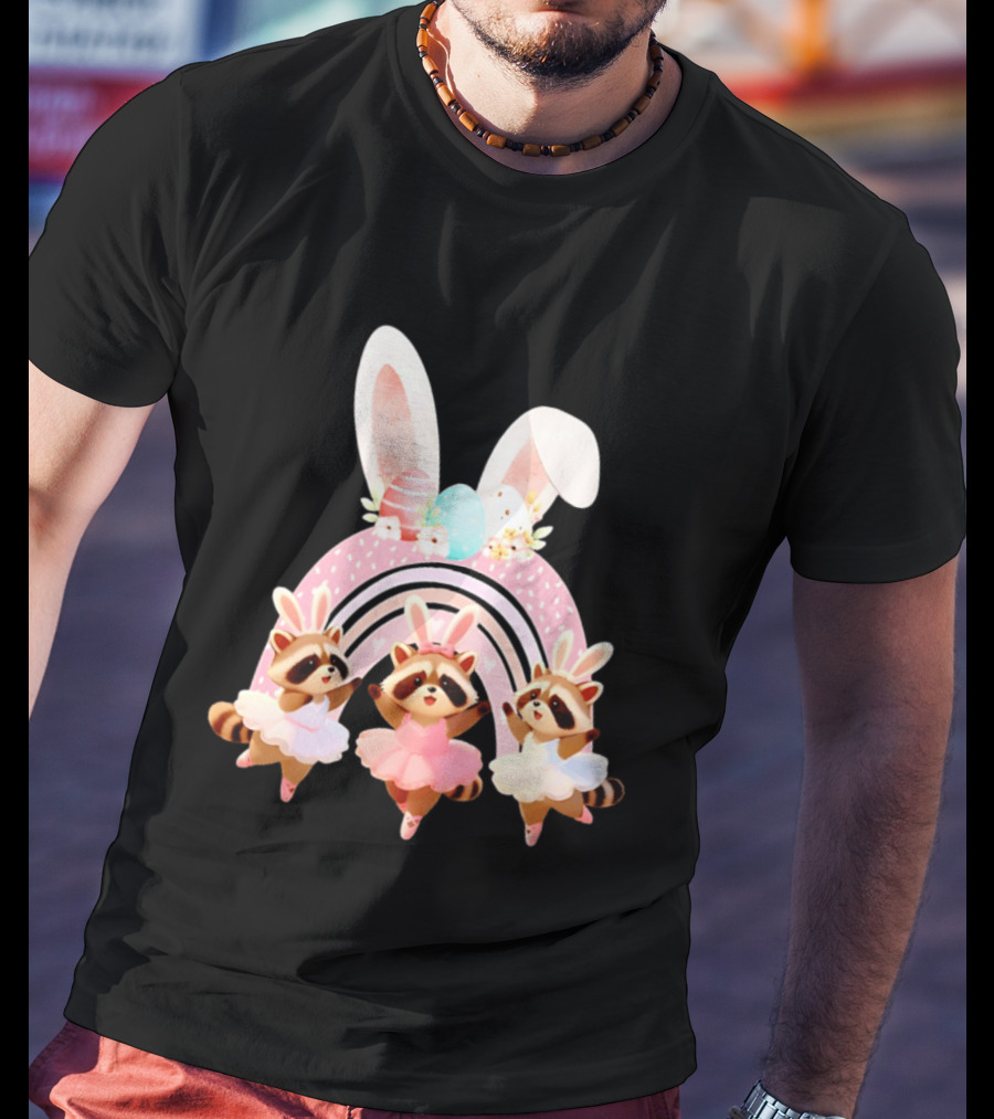 Ballet Dancer Ballerina Raccoons With Easter Bunny Ears And Eggs T-Shirt