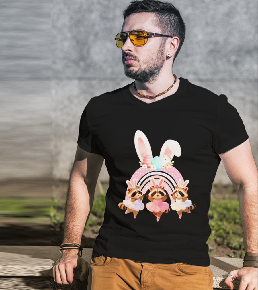 Ballet Dancer Ballerina Raccoons With Easter Bunny Ears And Eggs T-Shirt