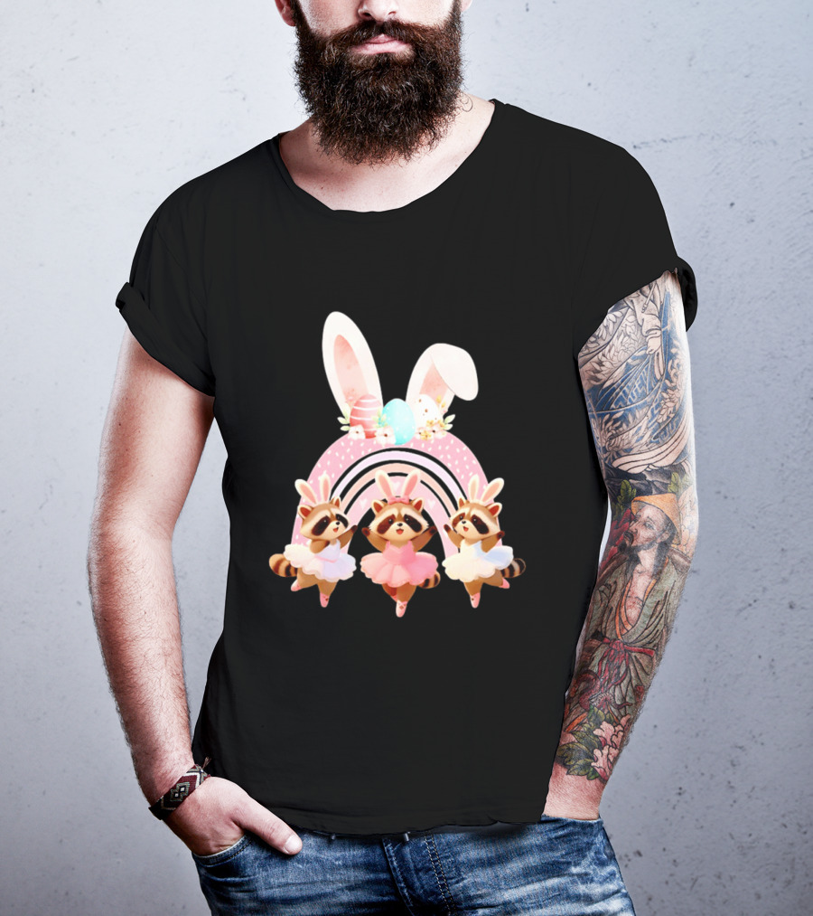 Ballet Dancer Ballerina Raccoons With Easter Bunny Ears And Eggs T-Shirt