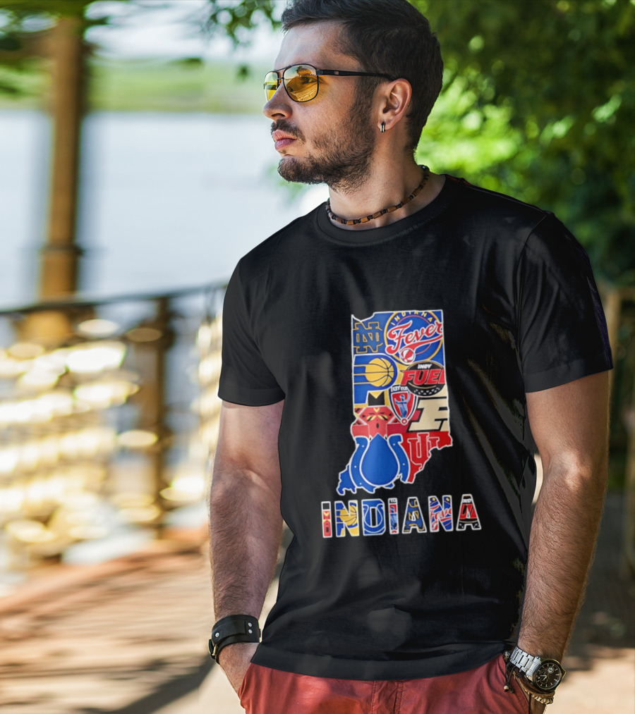 Indiana Sports Team Logos Map Featuring Colts Pacers Fever Hoosiers Fighting Irish Fuel T-Shirt