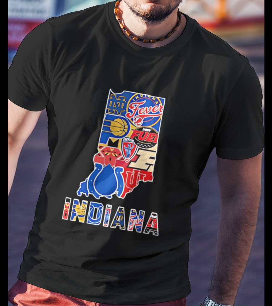Indiana Sports Team Logos Map Featuring Colts Pacers Fever Hoosiers Fighting Irish Fuel T-Shirt