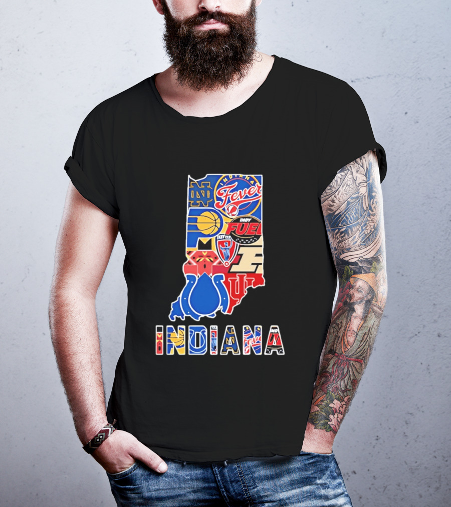 Indiana Sports Team Logos Map Featuring Colts Pacers Fever Hoosiers Fighting Irish Fuel T-Shirt