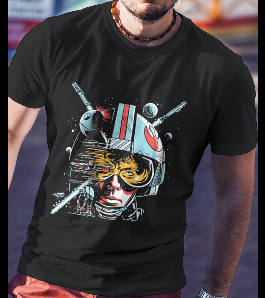 Luke Skywalker Helmet With Blaster And Planets T-Shirt