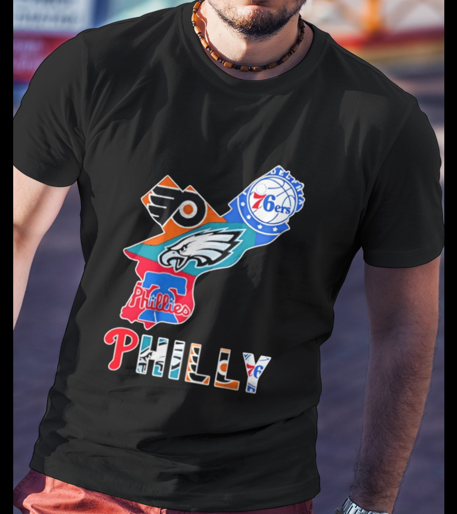 Philadelphia Flyers 76ers Eagles Phillies PHILLY Sports Logos State Map T-Shirt