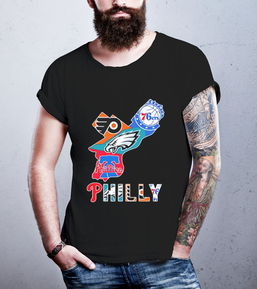 Philadelphia Flyers 76ers Eagles Phillies PHILLY Sports Logos State Map T-Shirt