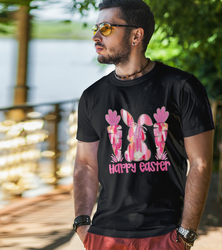 Pink Brushstroke Bunny Carrot Happy Easter T-Shirt