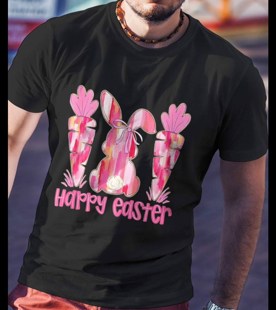 Pink Brushstroke Bunny Carrot Happy Easter T-Shirt