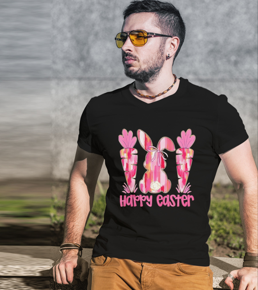 Pink Brushstroke Bunny Carrot Happy Easter T-Shirt