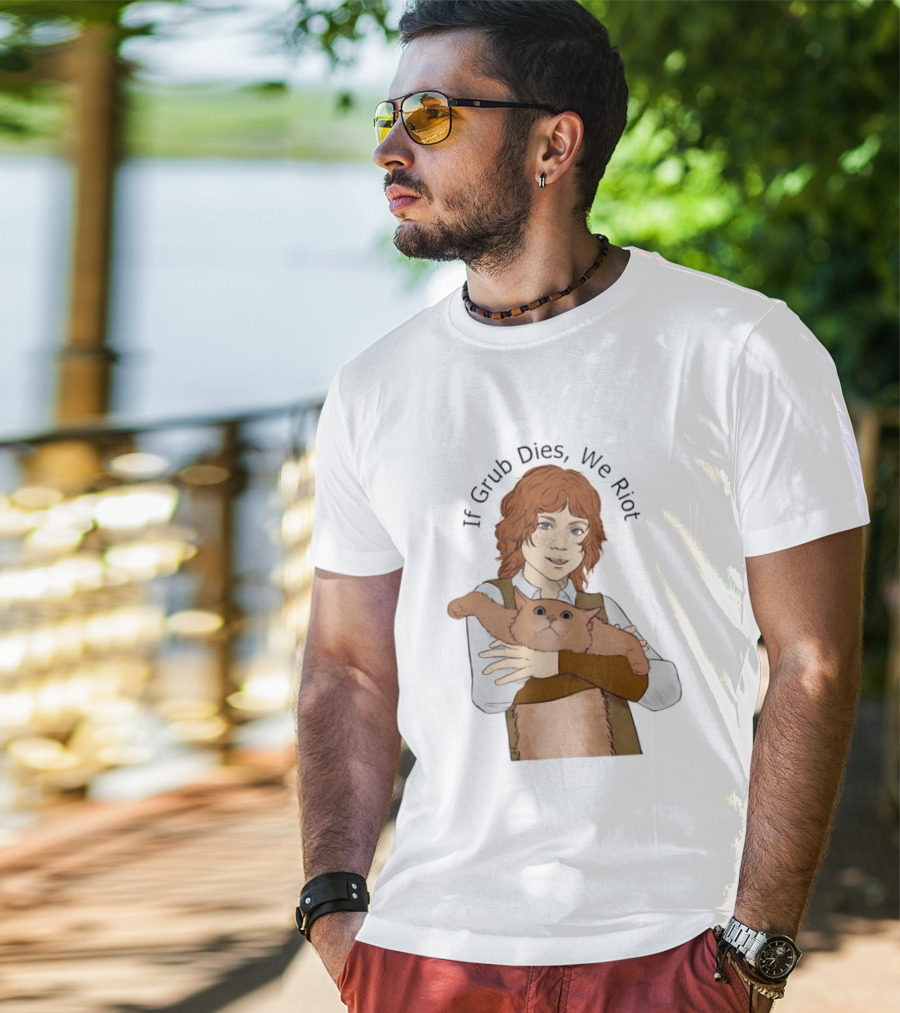 If Grub Dies We Riot Character With Cat Drawing T-Shirt