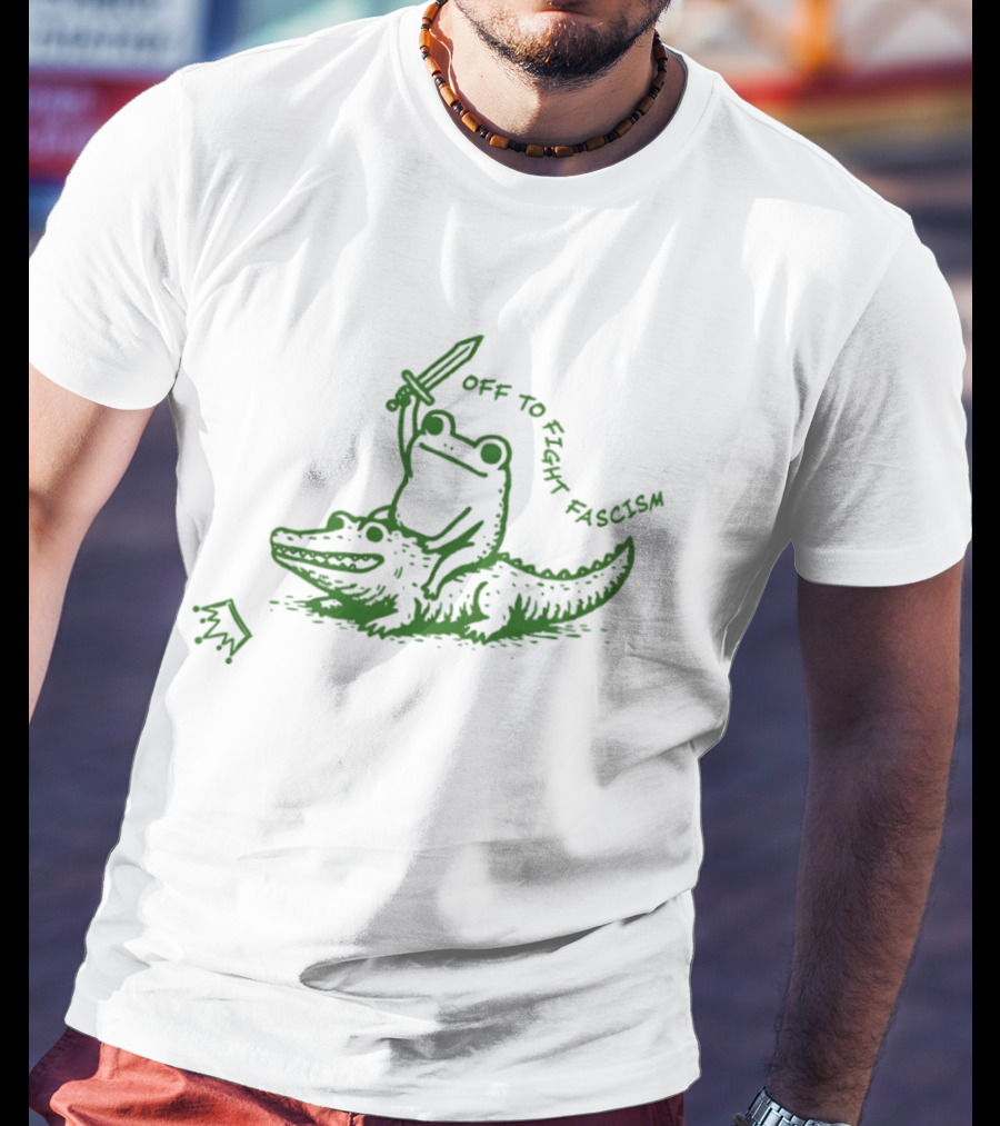 Off To Fight Fascism Unhinged Frog Riding Alligator Sword Meme T-Shirt