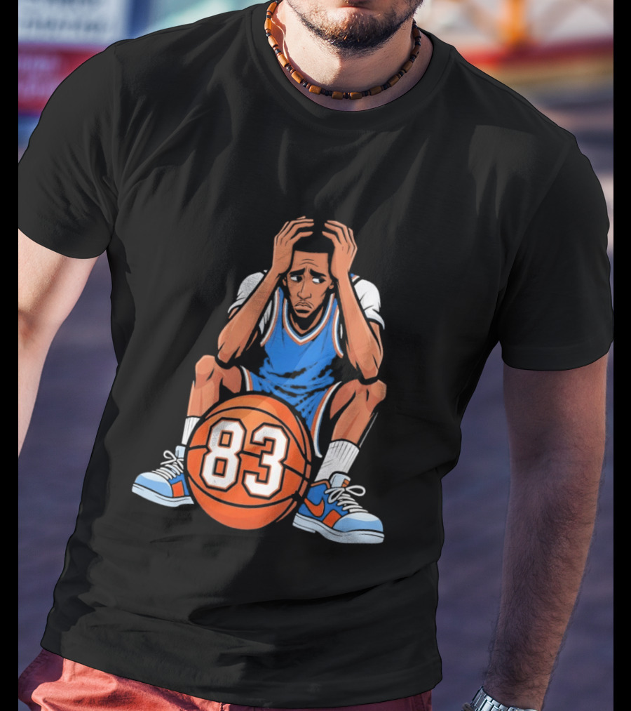 Basketball Player Caricature 83 Sitting Blue Orange Jersey Sneakers T-Shirt