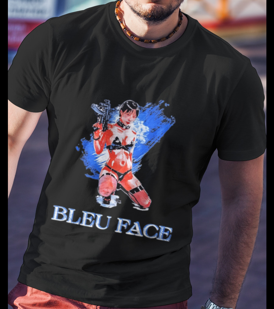 Bleu Face Anime Girl With Gun And Blue Brushstroke T-Shirt
