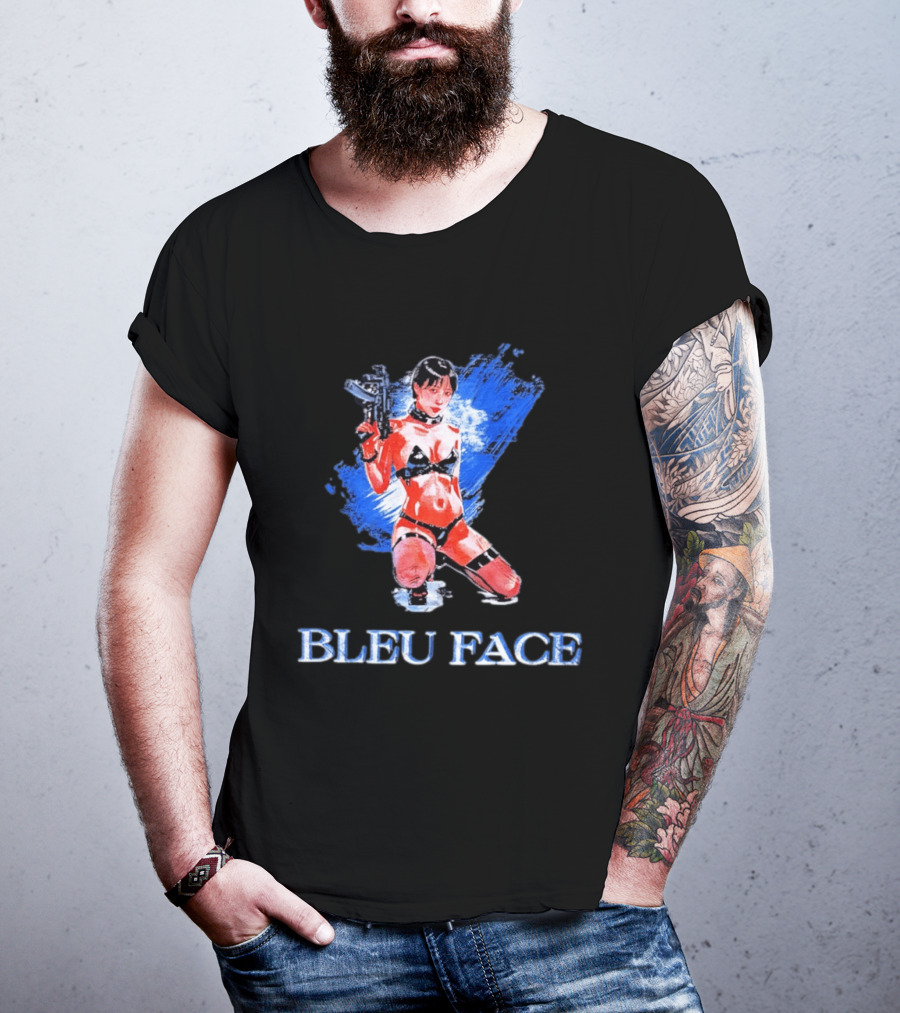 Bleu Face Anime Girl With Gun And Blue Brushstroke T-Shirt