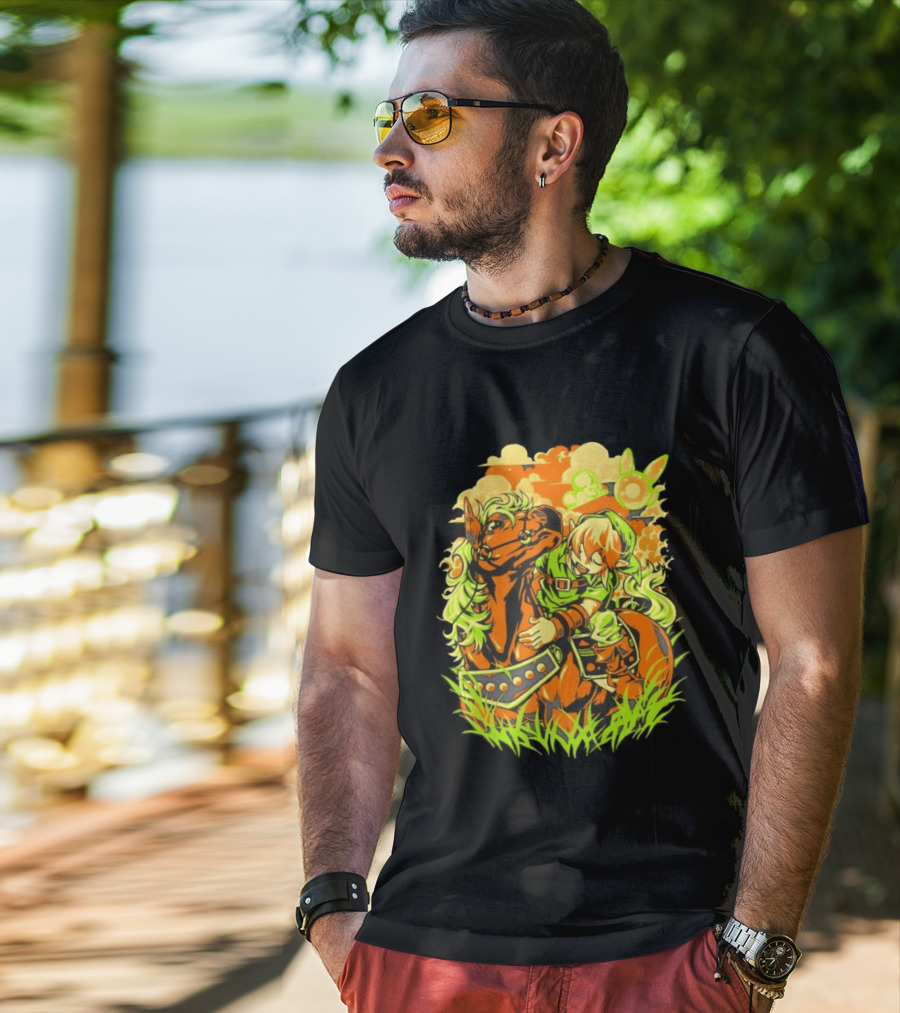 Link Epona Navi Fields Retro Gaming Adventure Fantasy T-Shirt