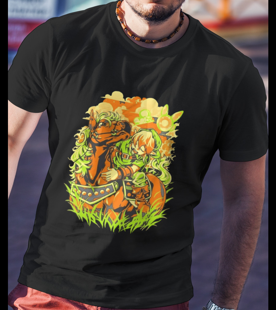 Link Epona Navi Fields Retro Gaming Adventure Fantasy T-Shirt