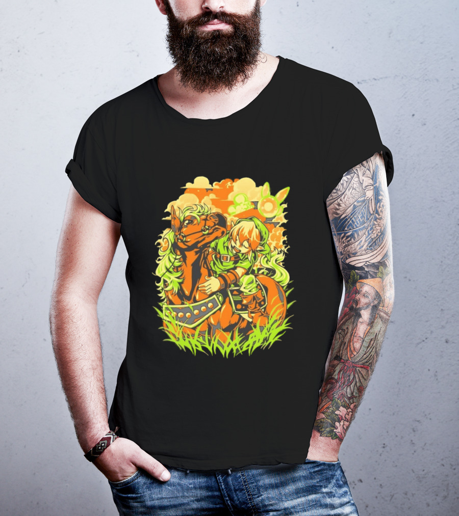 Link Epona Navi Fields Retro Gaming Adventure Fantasy T-Shirt