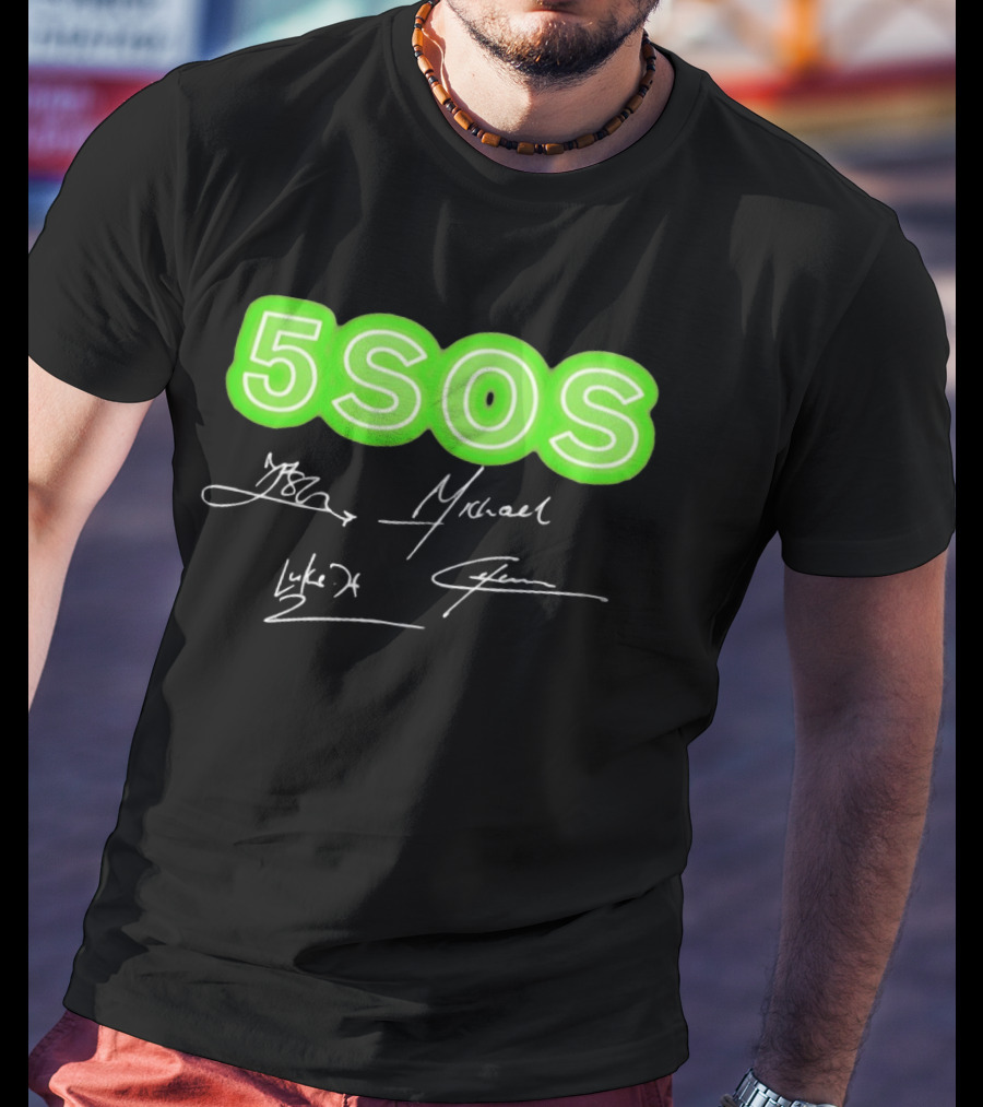5SOS Luke Hemmings Calum Hood Ashton Irwin Michael Clifford Signatures Neon Green T-Shirt
