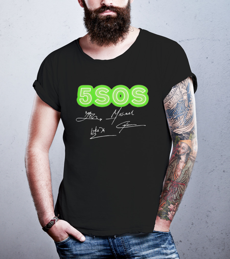 5SOS Luke Hemmings Calum Hood Ashton Irwin Michael Clifford Signatures Neon Green T-Shirt