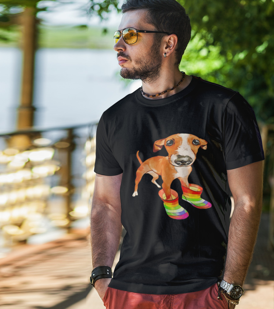 Doggie Rainbow Rainboots Puppy In Colorful Boots T-Shirt