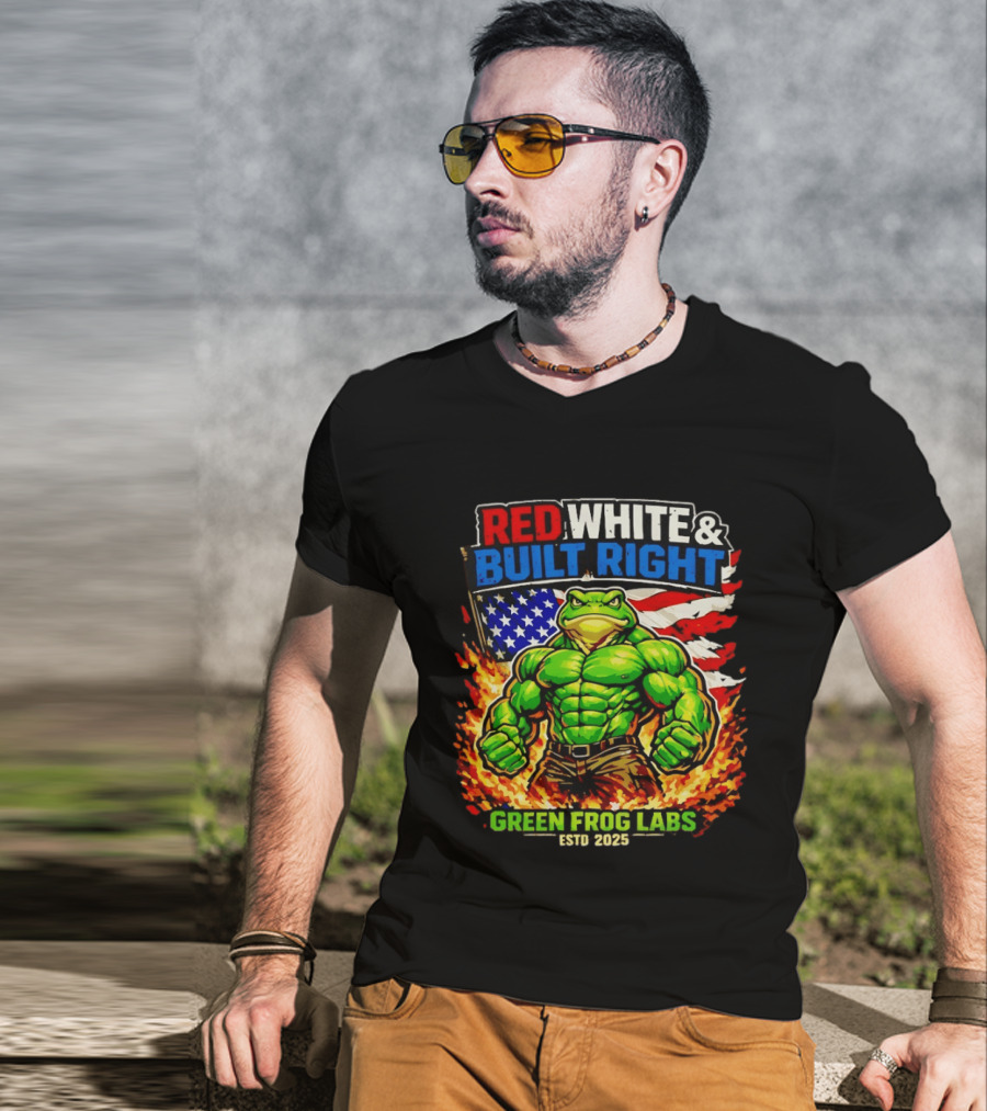 Red White & Built Right Green Frog Labs USA Flag ESTD 2025 T-Shirt