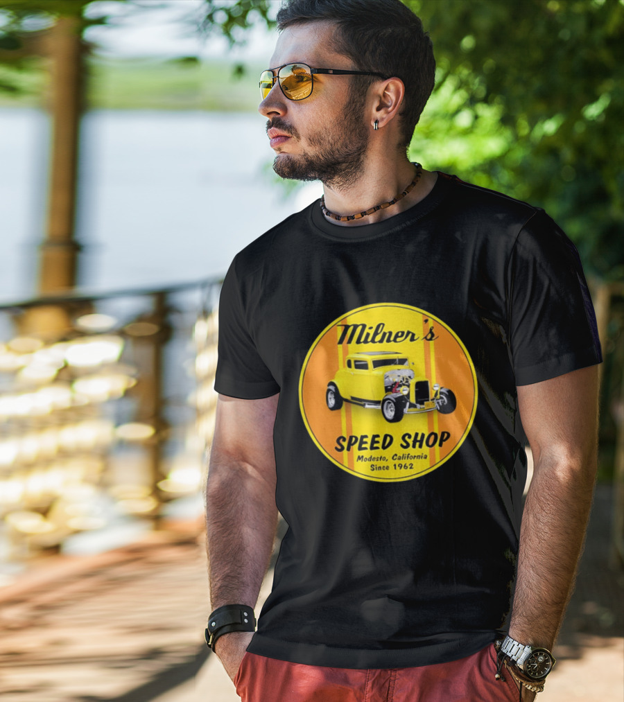 Milner's Speed Shop Modesto California Since 1962 American Graffiti Movie Classic Yellow Hot Rod T-Shirt
