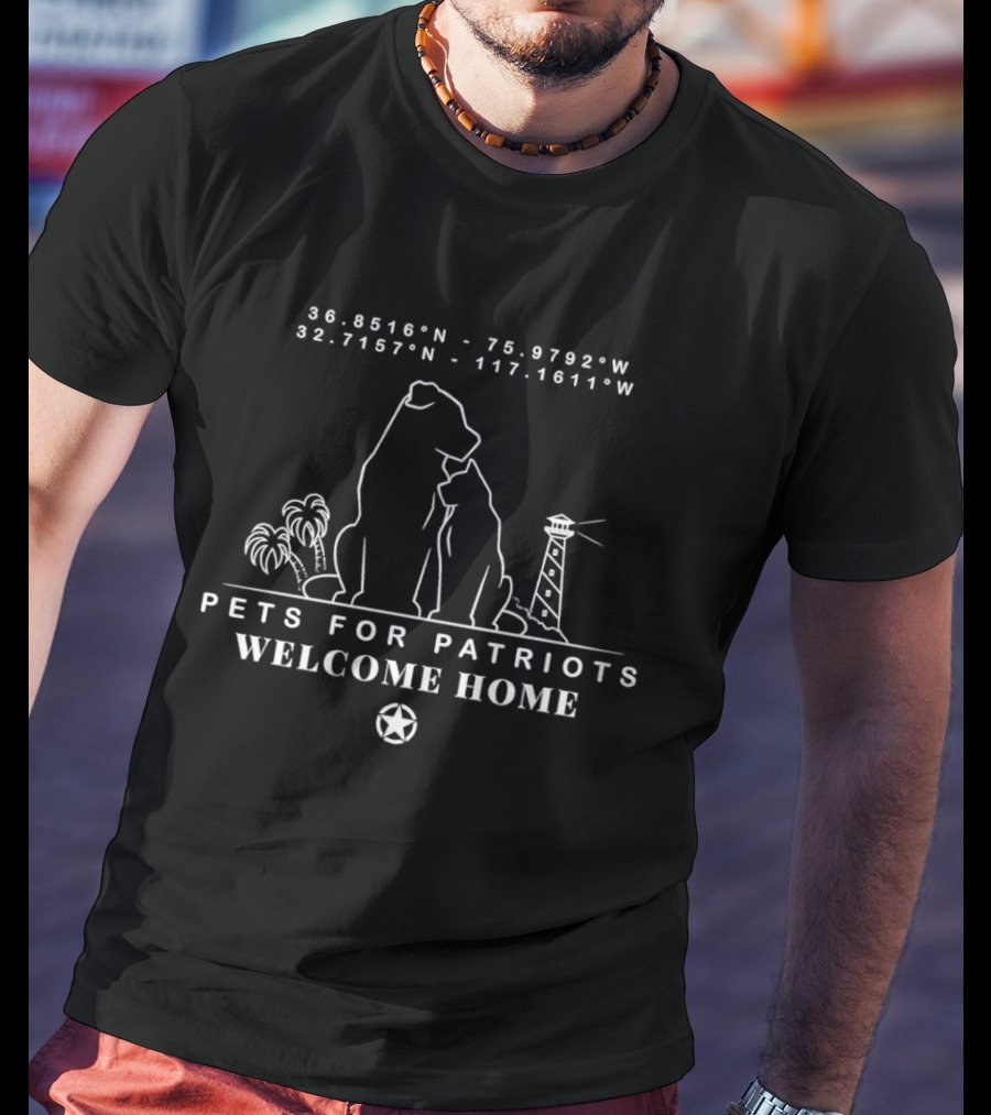 Pets For Patriots Welcome Home Dogs Silhouette With Coordinates And Lighthouse T-Shirt