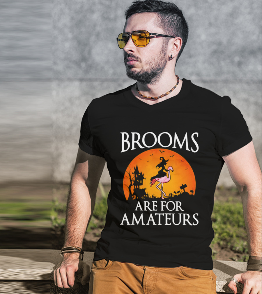 Brooms Are For Amateurs Flamingo Witch Halloween T-Shirt