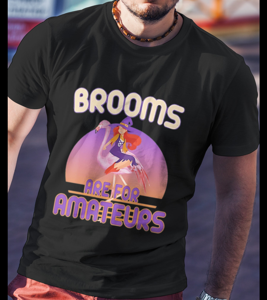 Brooms Are For Amateurs Witch Riding Flamingo T-Shirt