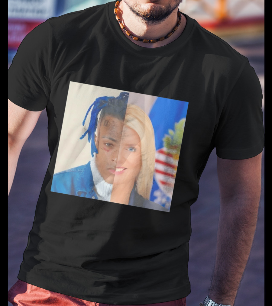 XXXTentacion Pam Bondi Split Image Face Half Blue Dreads Tattoos American Flag T-Shirt