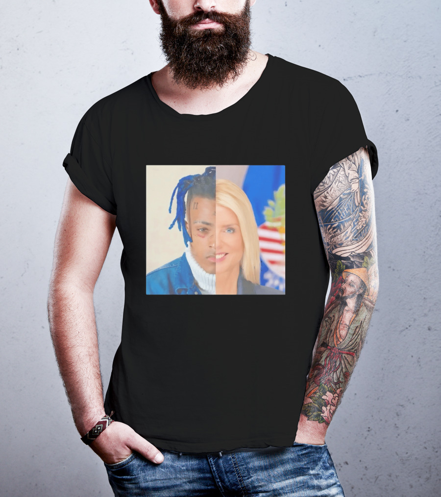 XXXTentacion Pam Bondi Split Image Face Half Blue Dreads Tattoos American Flag T-Shirt