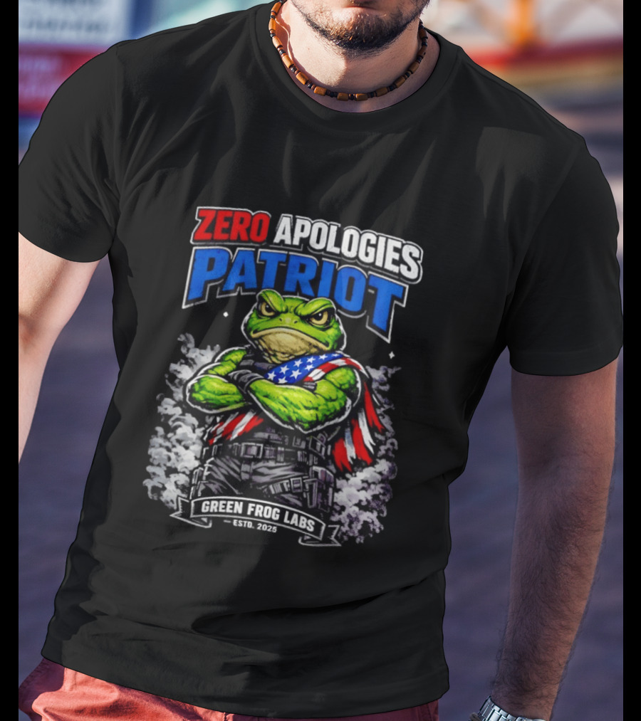 Zero Apologies Patriot Green Frog Labs Estd 2025 American Flag Frog T-Shirt