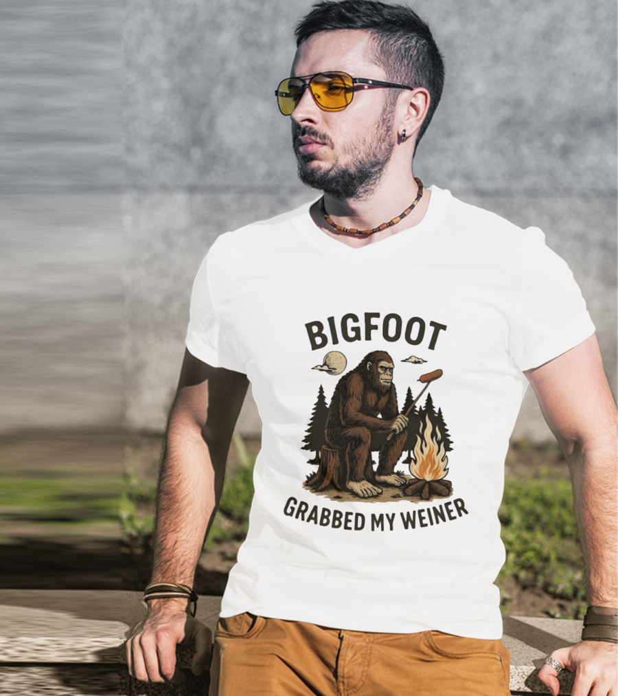 Bigfoot Grabbing My Weiner Campfire Sausage Grilling Moonlit Forest T-Shirt