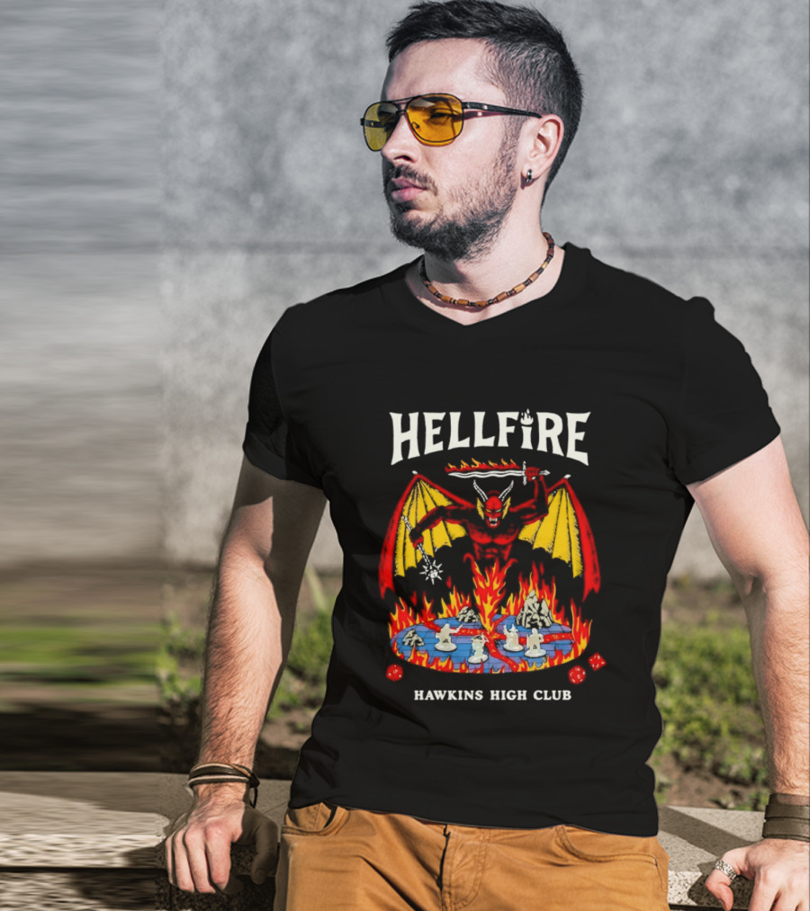Hellfire Hawkins High Club Demon With Flames And Dice T-Shirt