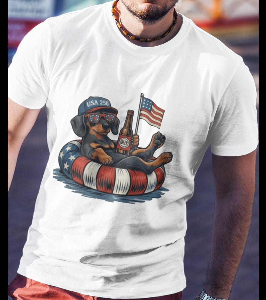 USA 250 Dachshund Floating With American Flag And Beer T-Shirt
