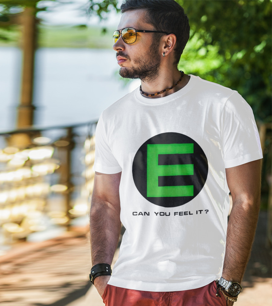 E Can You Feel It Green Block Letter T-Shirt