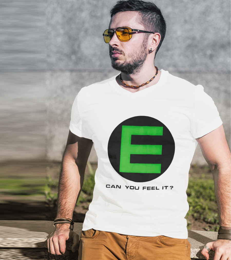 E Can You Feel It Green Block Letter T-Shirt
