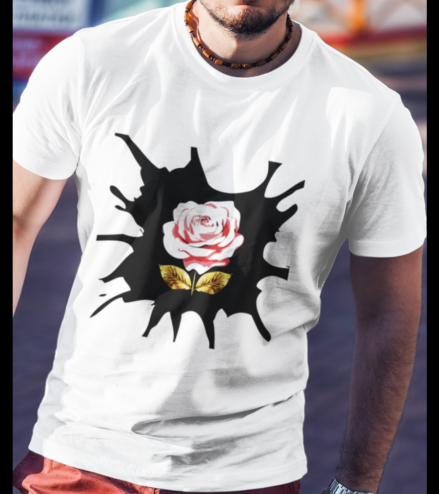 Elegant Pink Flower On Dark Splatter With Golden Leaves T-Shirt