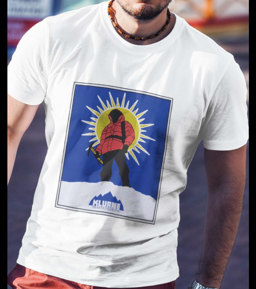 Kluane Mountaineering Hiker In Red Parka With Sunburst And Ice Axe T-Shirt