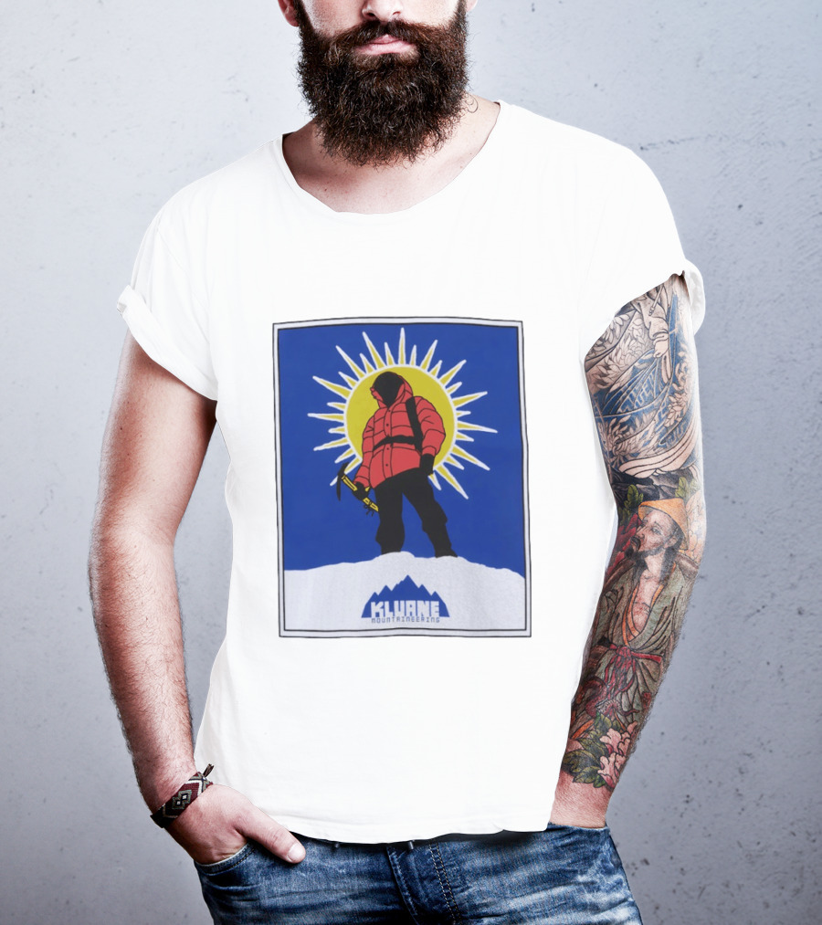 Kluane Mountaineering Hiker In Red Parka With Sunburst And Ice Axe T-Shirt