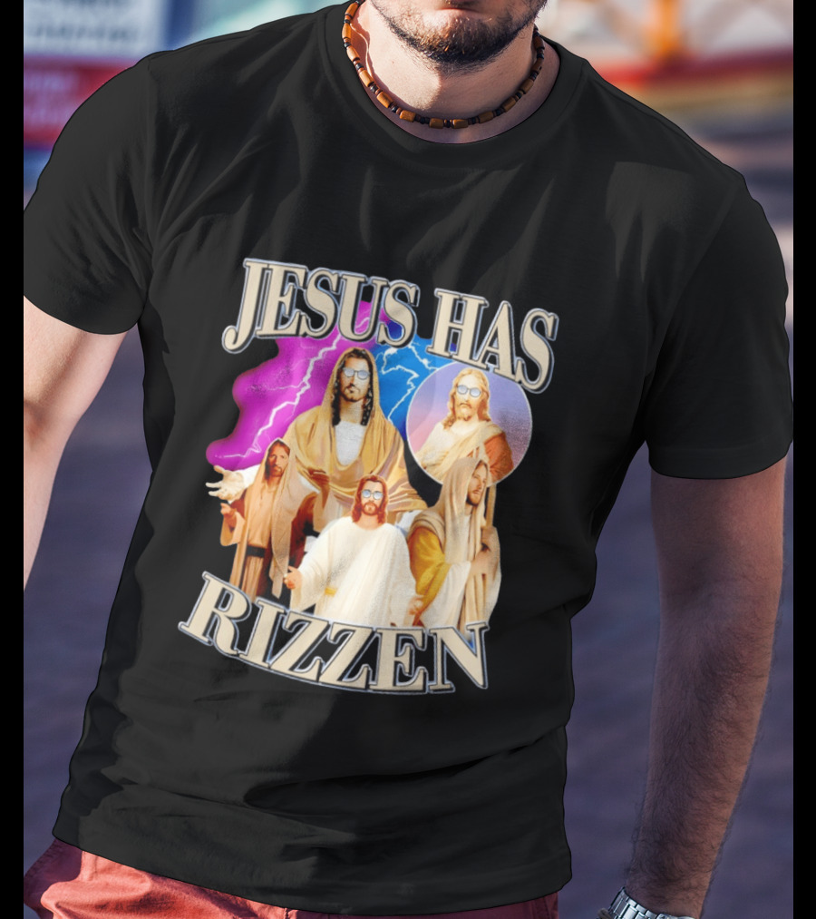 Jesus Has Rizz'en Meme Humor Lightning Vibes Sunglasses T-Shirt