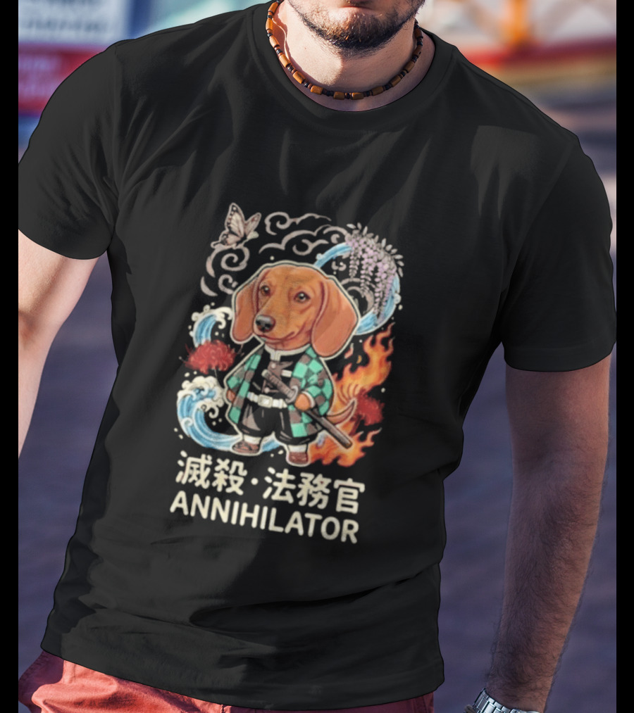 Annihilator Dachshund Kimono Kanji Flame Water Sword Butterfly T-Shirt