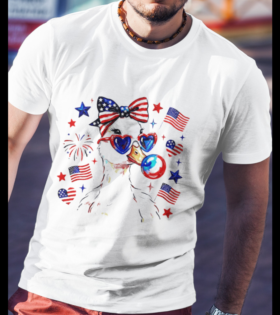 Preppy Patriotic Goose Coquette Fourth Of July With Stars And Stripes Sunglasses And Bow Tie T-Shirt