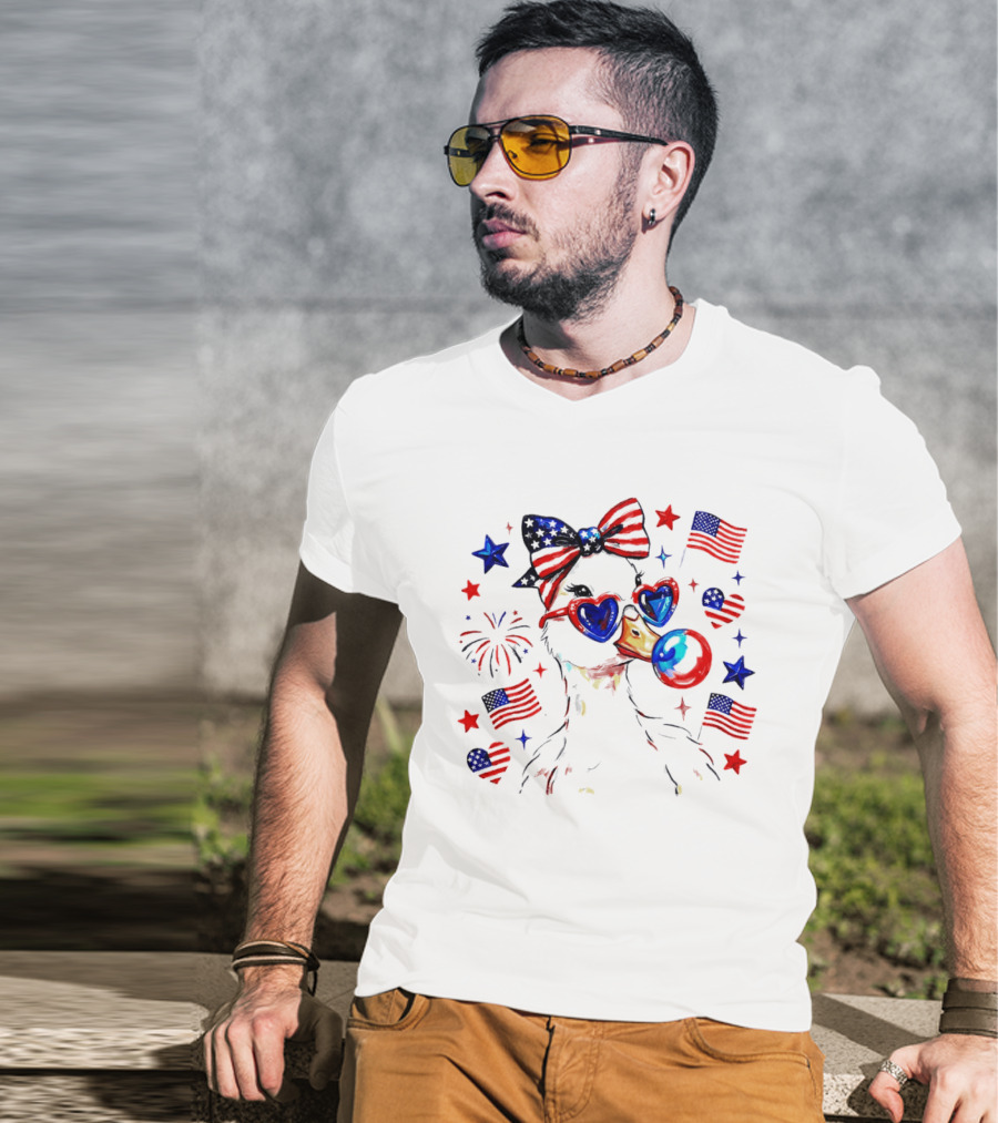 Preppy Patriotic Goose Coquette Fourth Of July With Stars And Stripes Sunglasses And Bow Tie T-Shirt