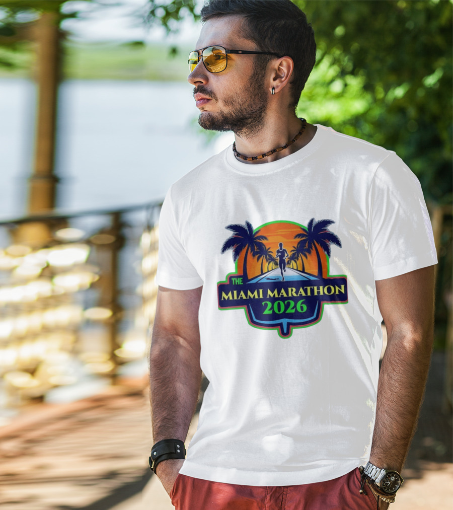 The Miami Marathon 2026 Palm Trees Sunset Runner T-Shirt