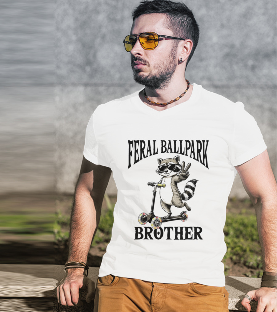 Feral Ballpark Brother Raccoon On Scooter With Peace Sign T-Shirt