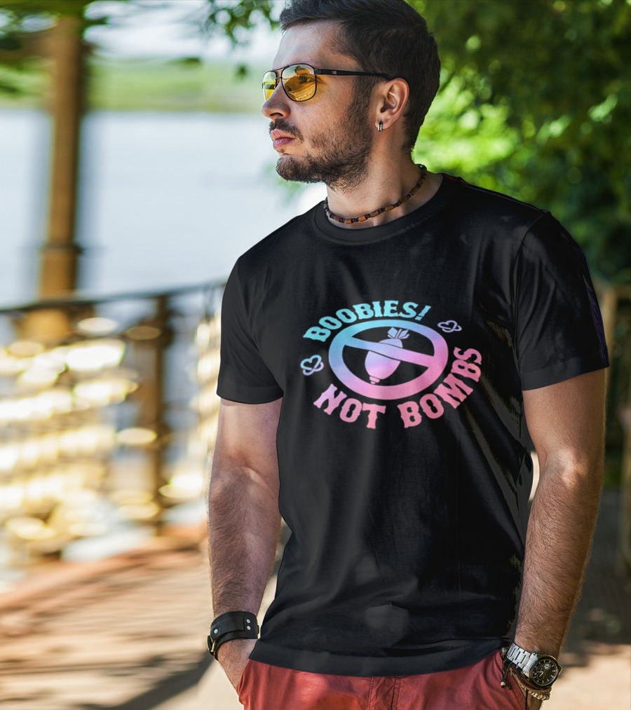 Boobies Not Bombs Peace Symbol Pastel Colors Clouds T-Shirt