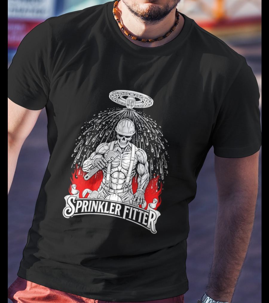 Skeleton Sprinkler Fitter With Fiery T-Shirt